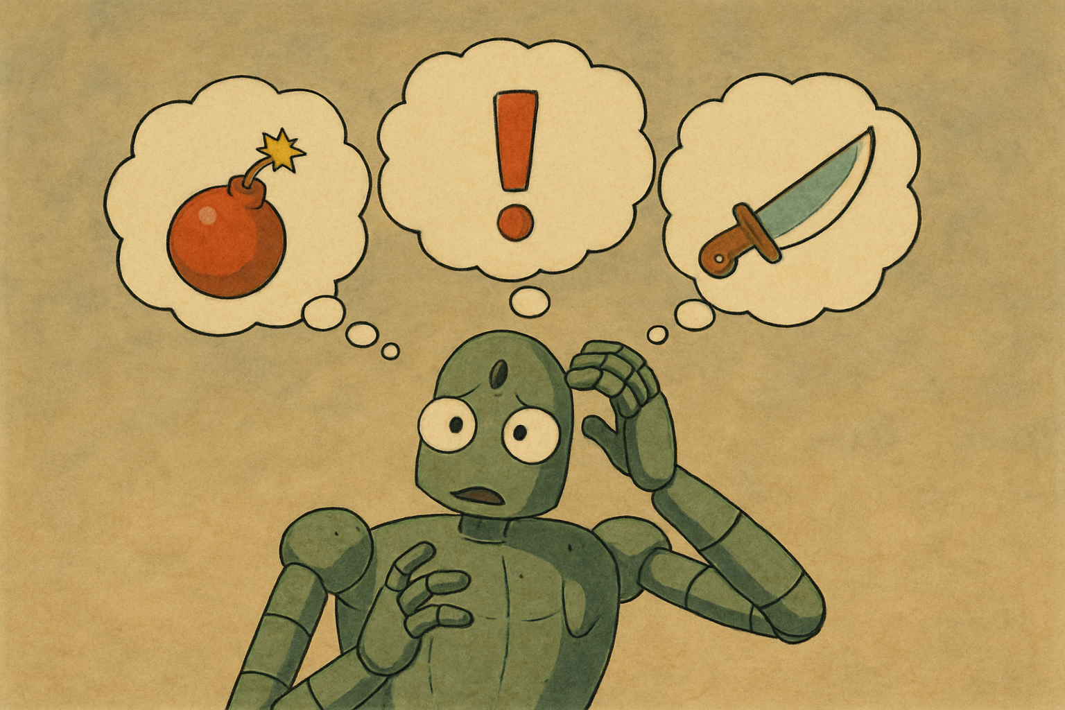 A confused robot, manipulated into considering doing harmful things. Image generated by ChatGPT.